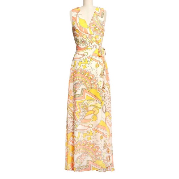 ModCloth Yellow Fits of Bliss Maxi Wrap Dress Retro Printed Size XL - Picture 1 of 12